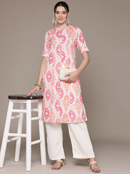 A Line Style Cotton Fabric Pink Color Kurti With Printed Work