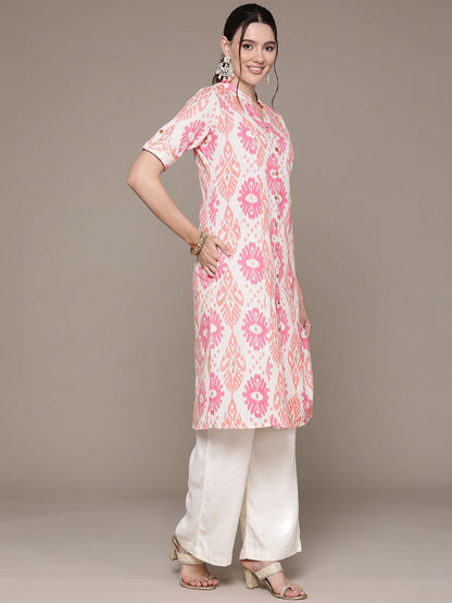 A Line Style Cotton Fabric Pink Color Kurti With Printed Work