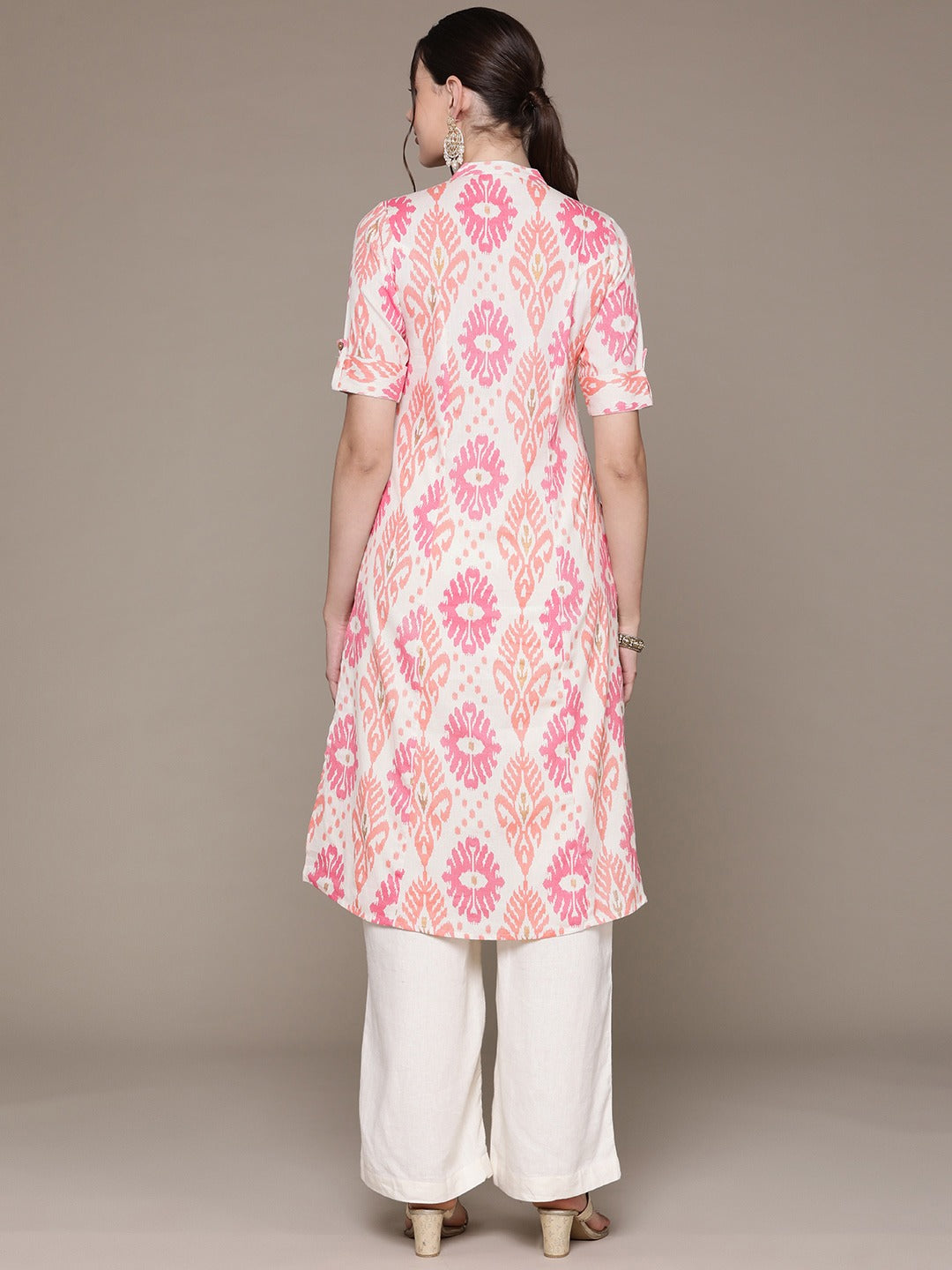 A Line Style Cotton Fabric Pink Color Kurti With Printed Work