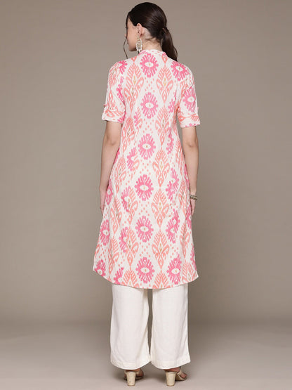 A Line Style Cotton Fabric Pink Color Kurti With Printed Work