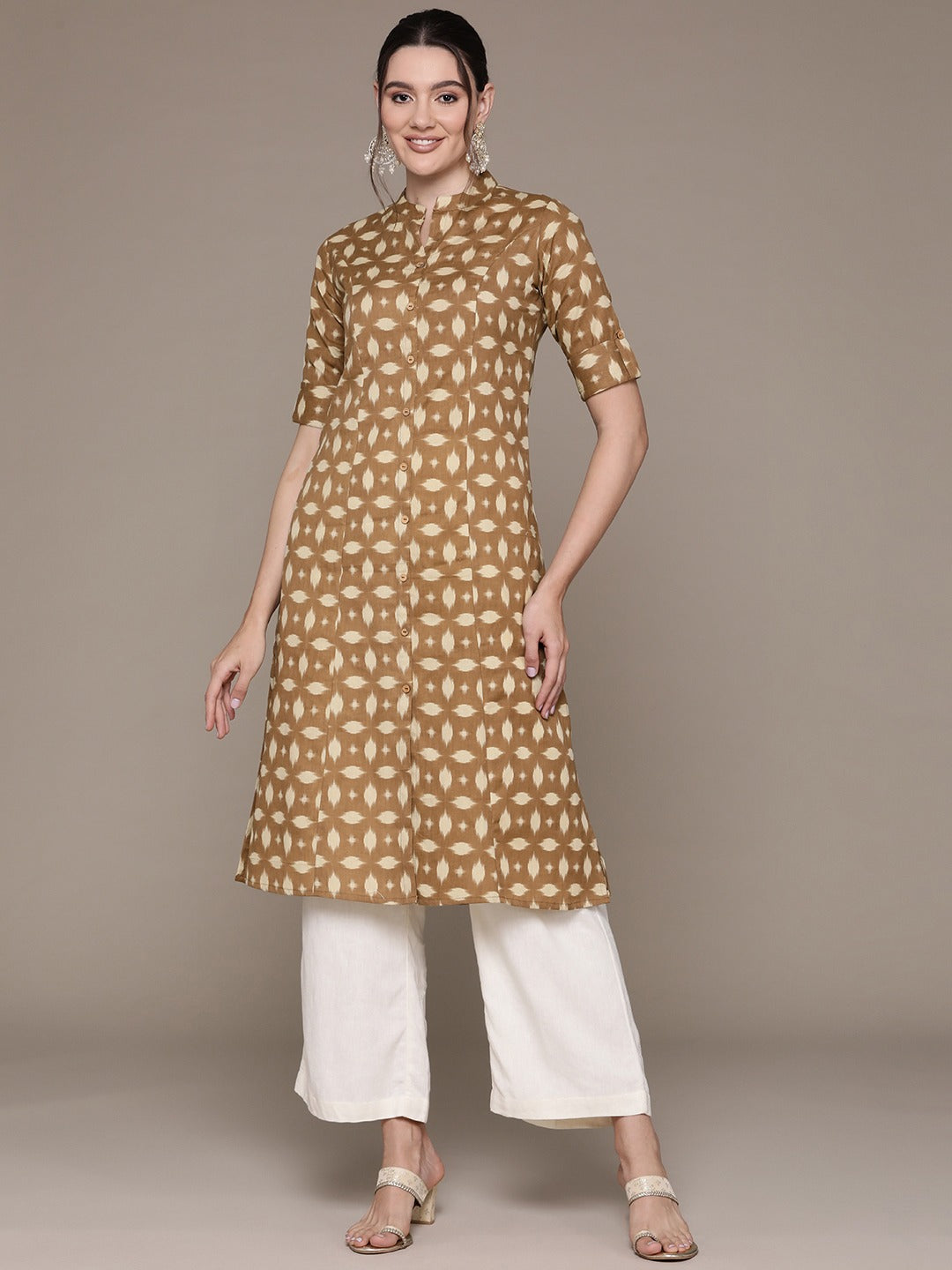 A Line Style Cotton Fabric Brown Color Kurti With Printed Work