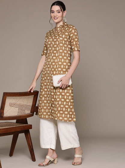 A Line Style Cotton Fabric Brown Color Kurti With Printed Work