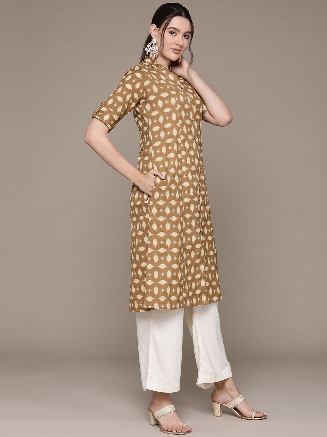 A Line Style Cotton Fabric Brown Color Kurti With Printed Work