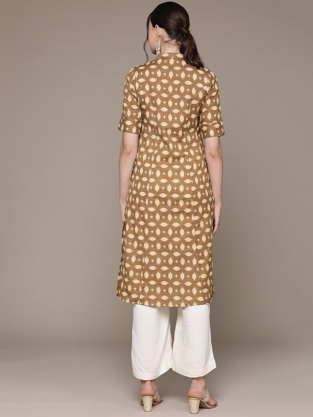 A Line Style Cotton Fabric Brown Color Kurti With Printed Work