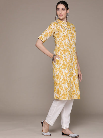 A Line Style Cotton Fabric Mustard Color Kurti With Floral Printed Work