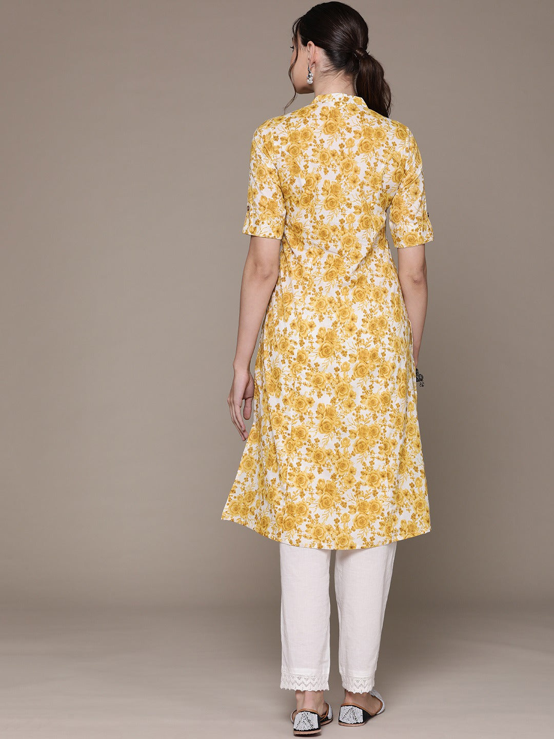 A Line Style Cotton Fabric Mustard Color Kurti With Floral Printed Work