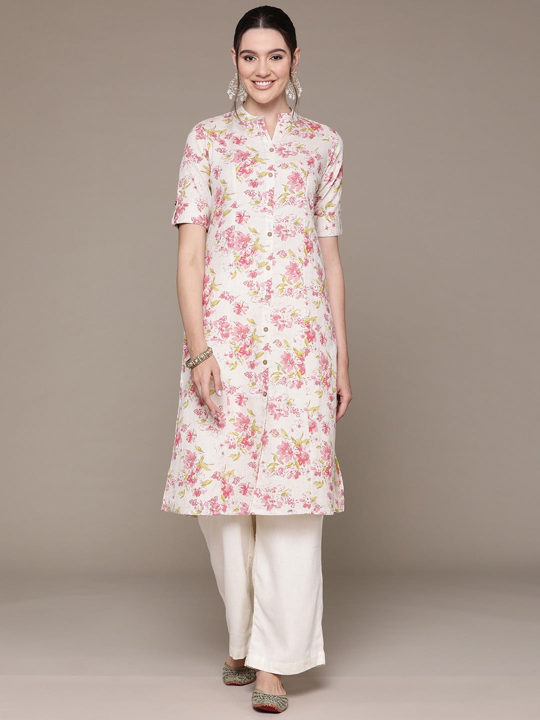 A Line Style Cotton Fabric Pink Color Kurti With Floral Printed Work