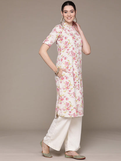 A Line Style Cotton Fabric Pink Color Kurti With Floral Printed Work