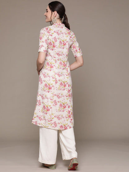 A Line Style Cotton Fabric Pink Color Kurti With Floral Printed Work