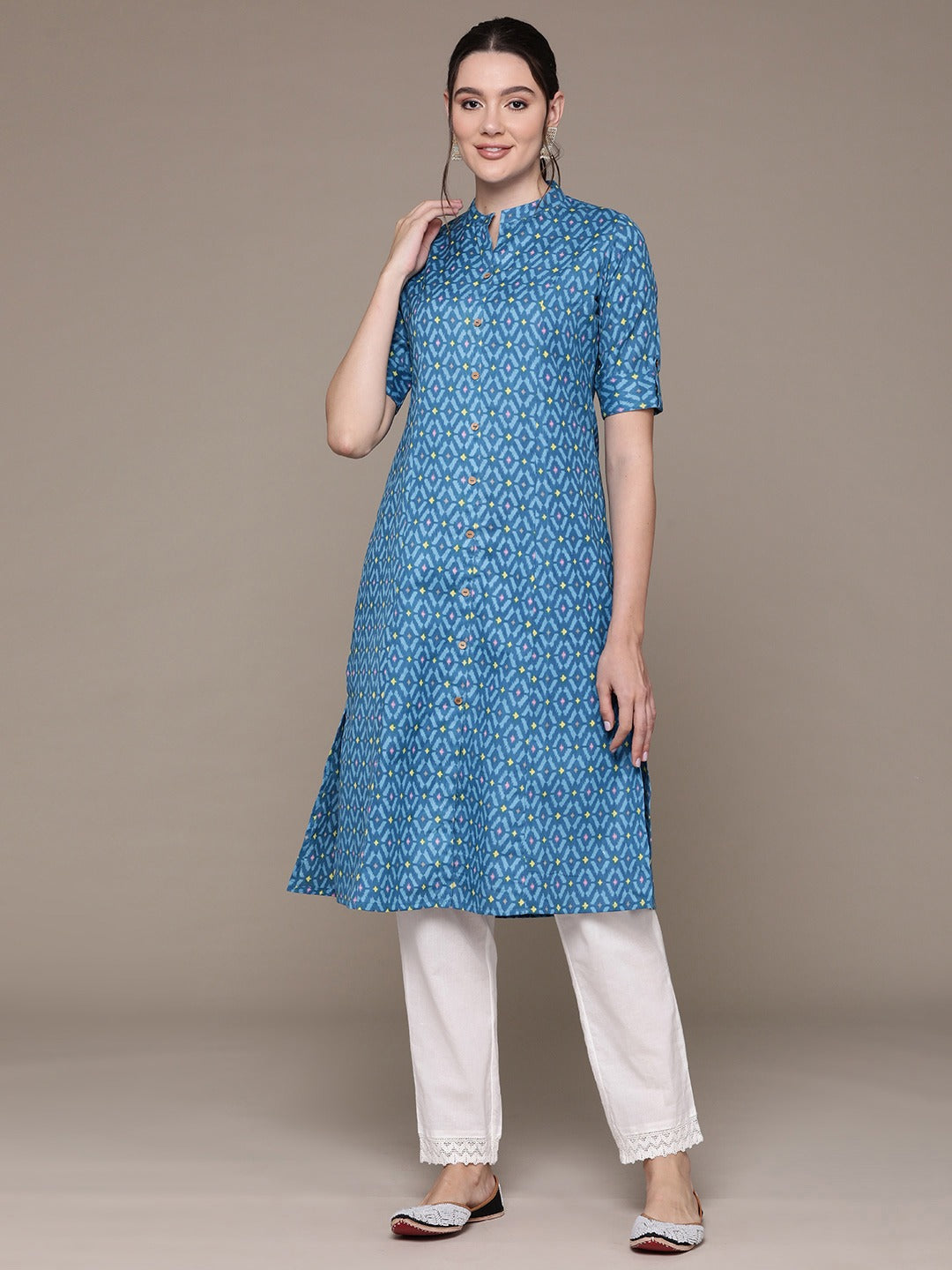 A Line Style Cotton Fabric Blue Color Kurti With Printed Work