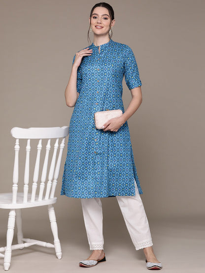 A Line Style Cotton Fabric Blue Color Kurti With Printed Work