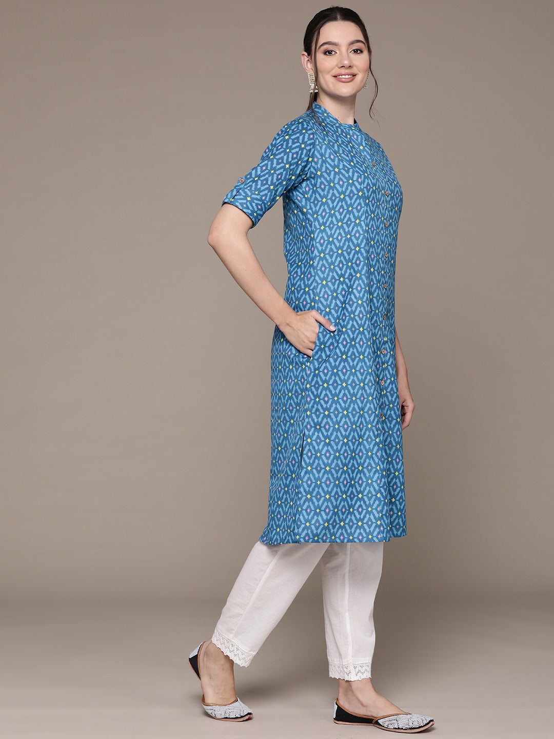 A Line Style Cotton Fabric Blue Color Kurti With Printed Work