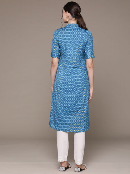 A Line Style Cotton Fabric Blue Color Kurti With Printed Work