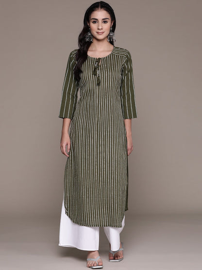 Straight Style Cotton Fabric Olive Green Color Kurti With Gota & Beads Work