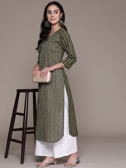 Straight Style Cotton Fabric Olive Green Color Kurti With Gota & Beads Work