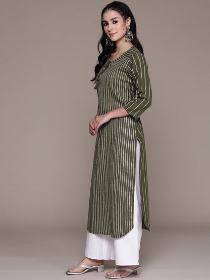 Straight Style Cotton Fabric Olive Green Color Kurti With Gota & Beads Work