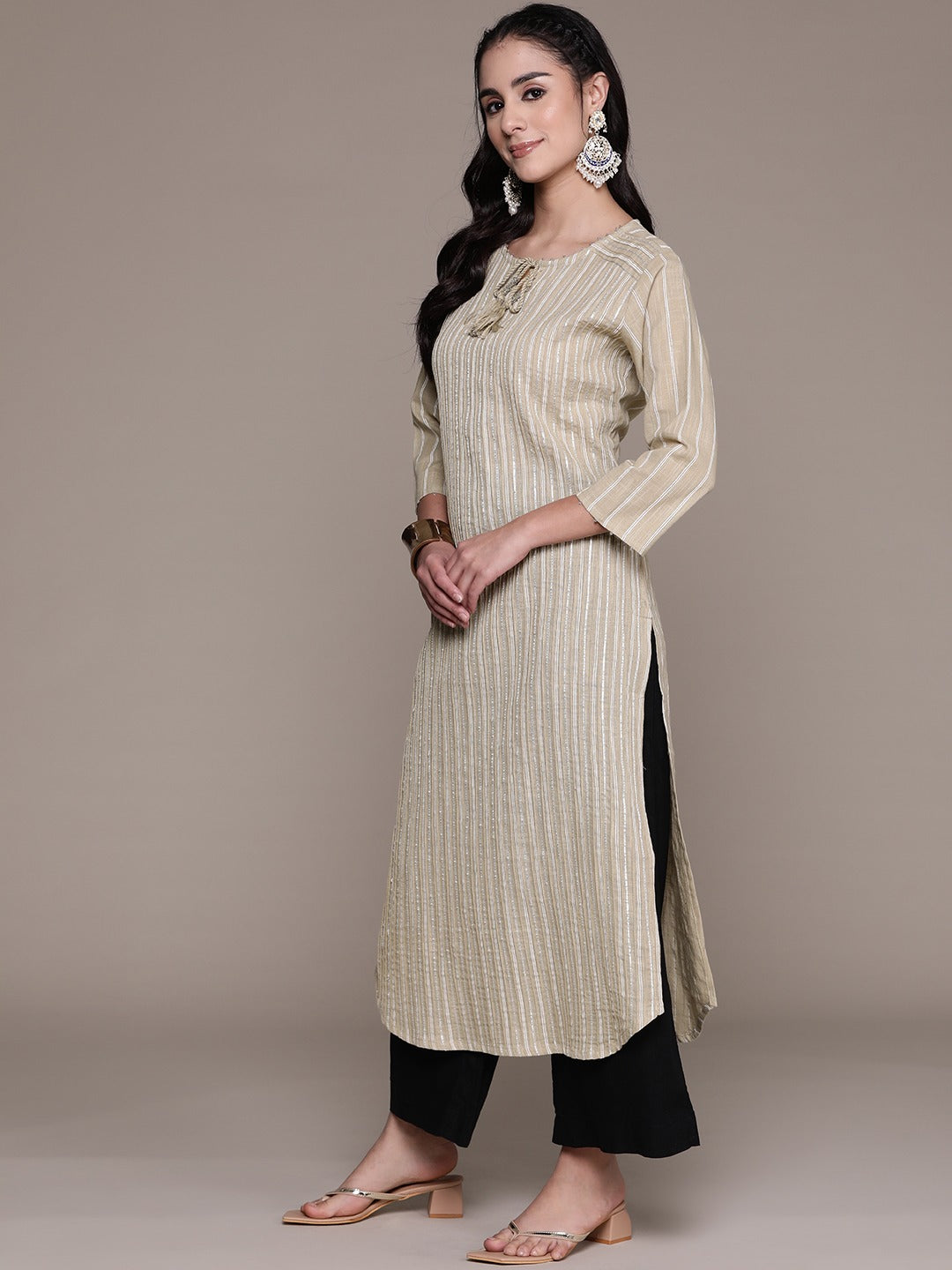 Straight Style Cotton Fabric Beige Color Kurti With Gota & Beads Work