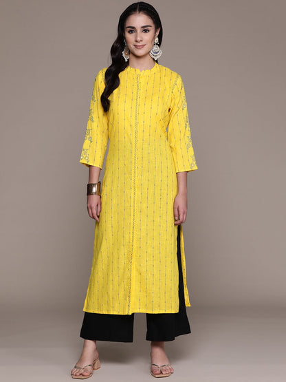 Straight Style Cotton Fabric Yellow Color Printed Kurti With Thread & Sequence Work