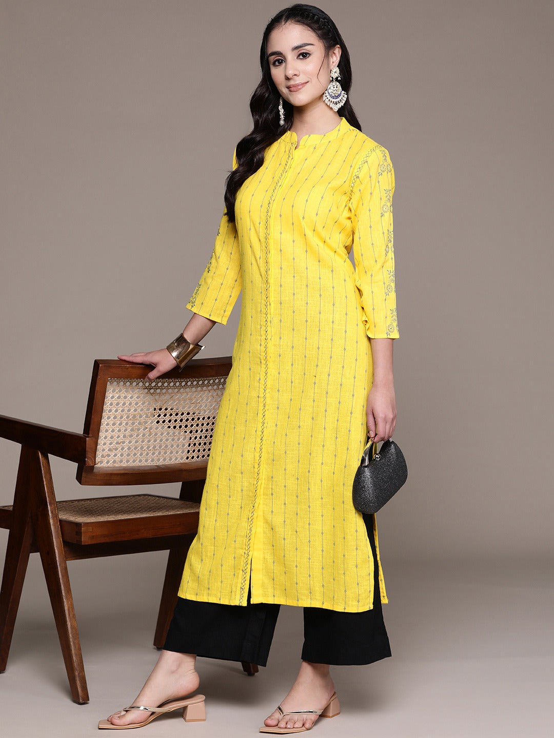 Straight Style Cotton Fabric Yellow Color Printed Kurti With Thread & Sequence Work