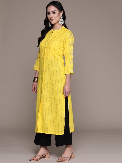 Straight Style Cotton Fabric Yellow Color Printed Kurti With Thread & Sequence Work