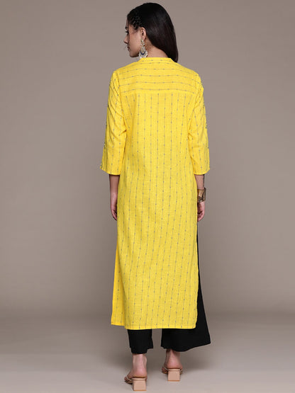 Straight Style Cotton Fabric Yellow Color Printed Kurti With Thread & Sequence Work