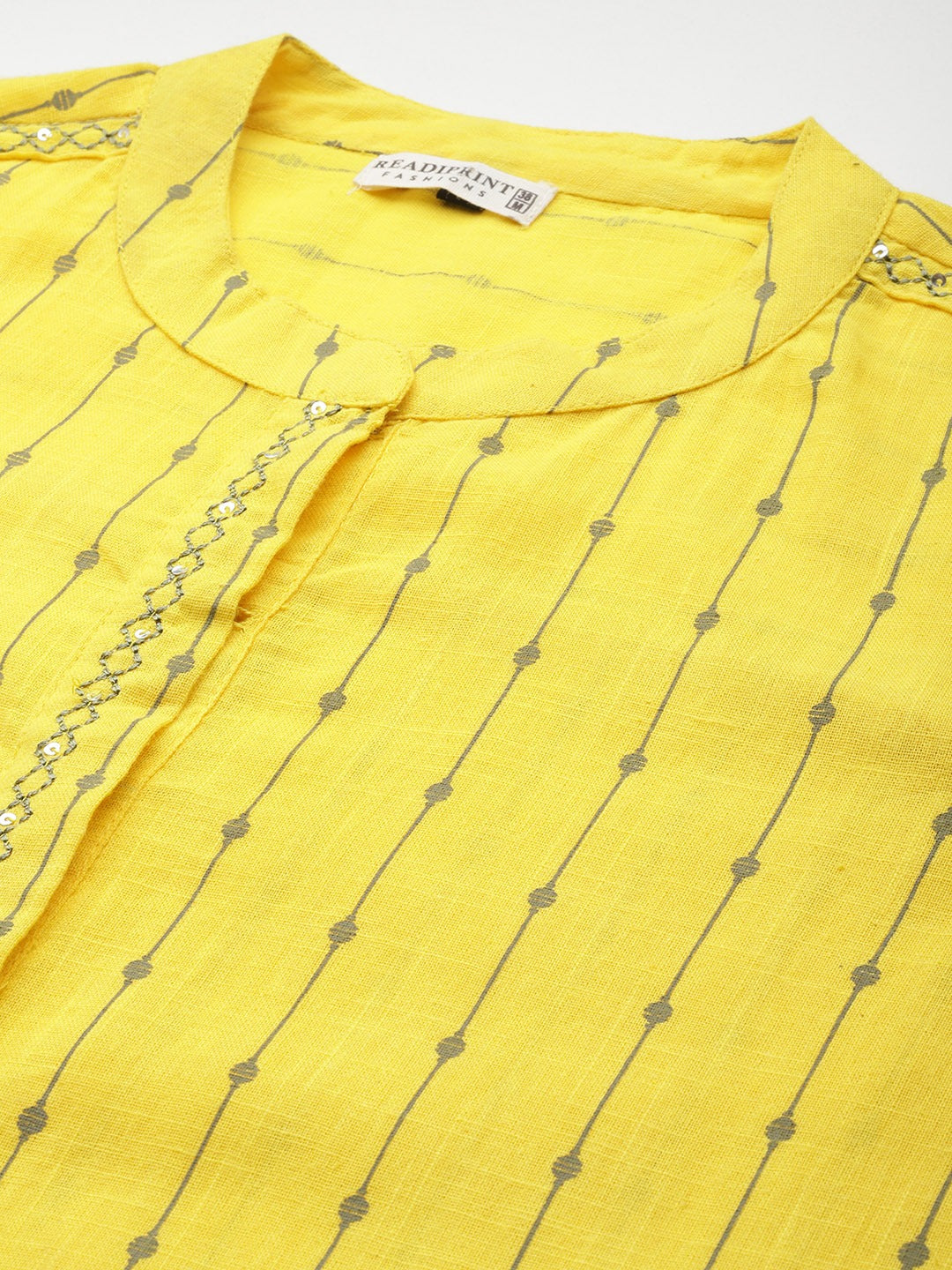 Straight Style Cotton Fabric Yellow Color Printed Kurti With Thread & Sequence Work