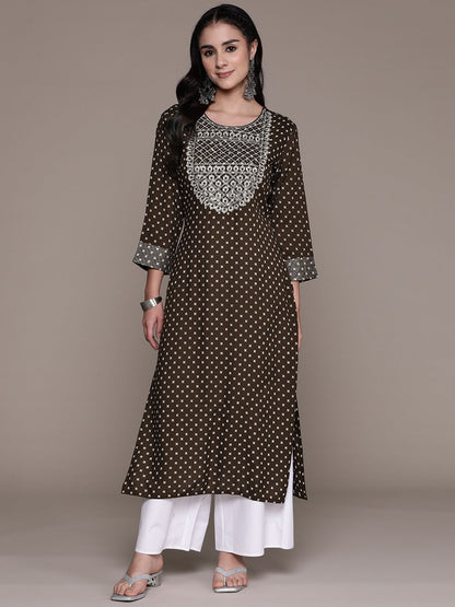 Straight Style Cotton Fabric Brown Color Kurti With Zari, Thread & Mirror Work