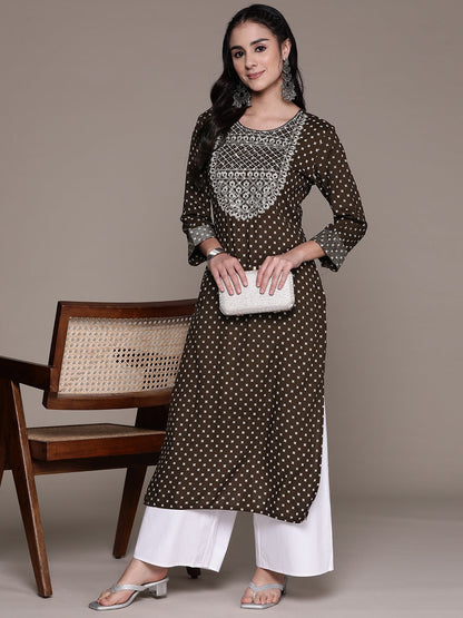 Straight Style Cotton Fabric Brown Color Kurti With Zari, Thread & Mirror Work