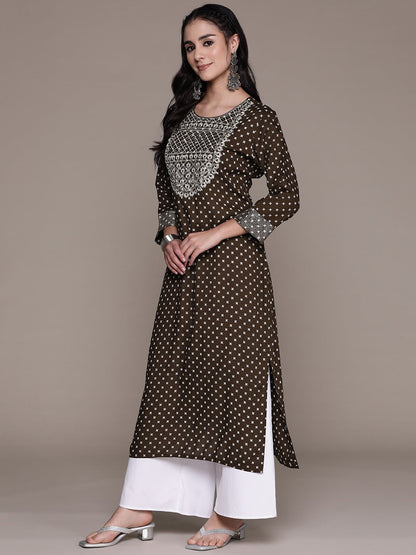 Straight Style Cotton Fabric Brown Color Kurti With Zari, Thread & Mirror Work