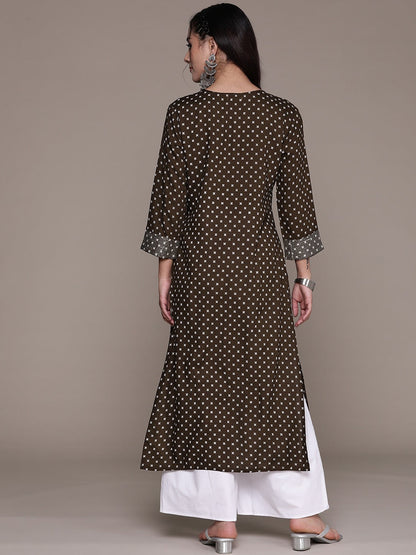 Straight Style Cotton Fabric Brown Color Kurti With Zari, Thread & Mirror Work