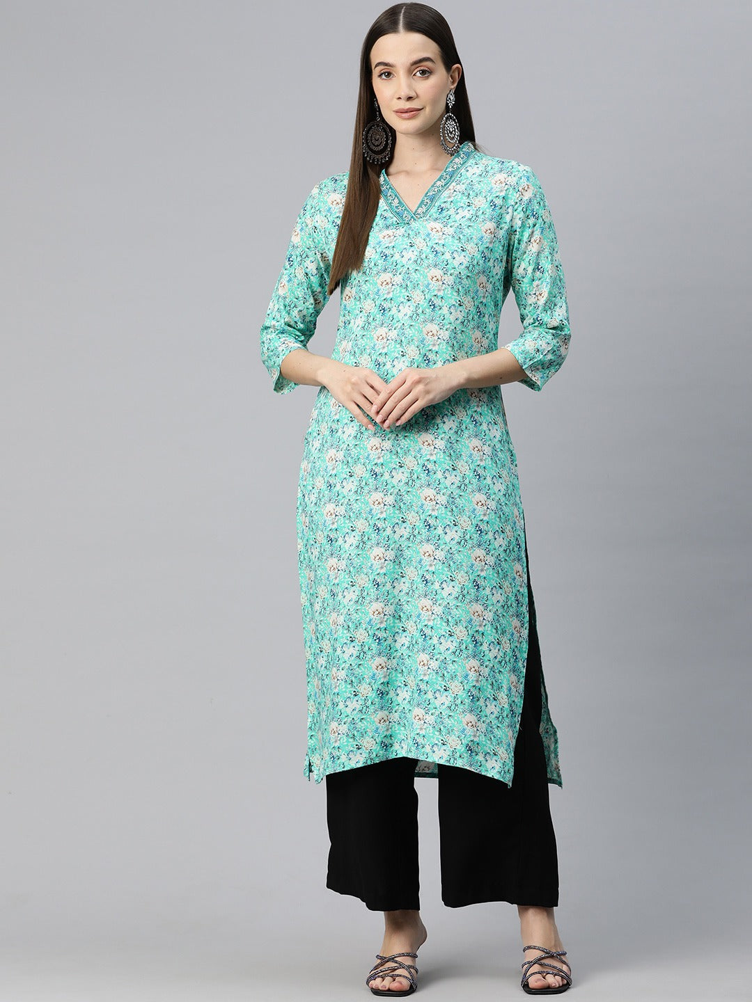 Straight Style Silk Fabric Turquoise Blue Color Kurti With Thread & Floral Printed Work