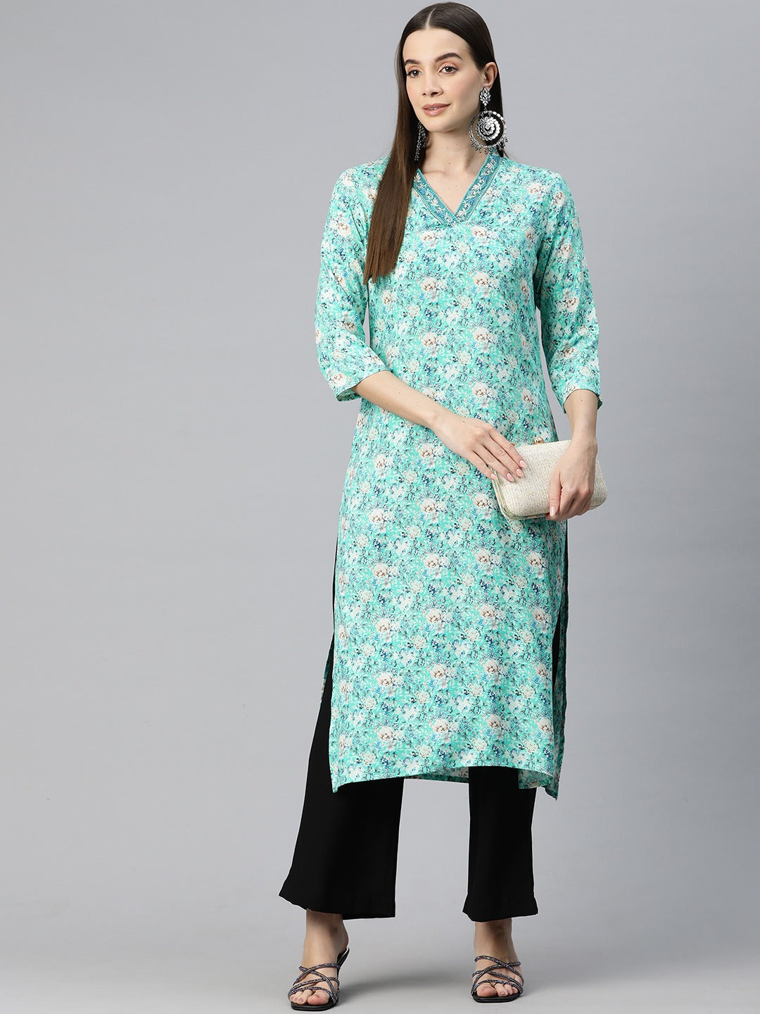 Straight Style Silk Fabric Turquoise Blue Color Kurti With Thread & Floral Printed Work