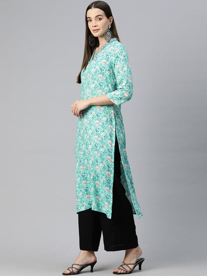 Straight Style Silk Fabric Turquoise Blue Color Kurti With Thread & Floral Printed Work