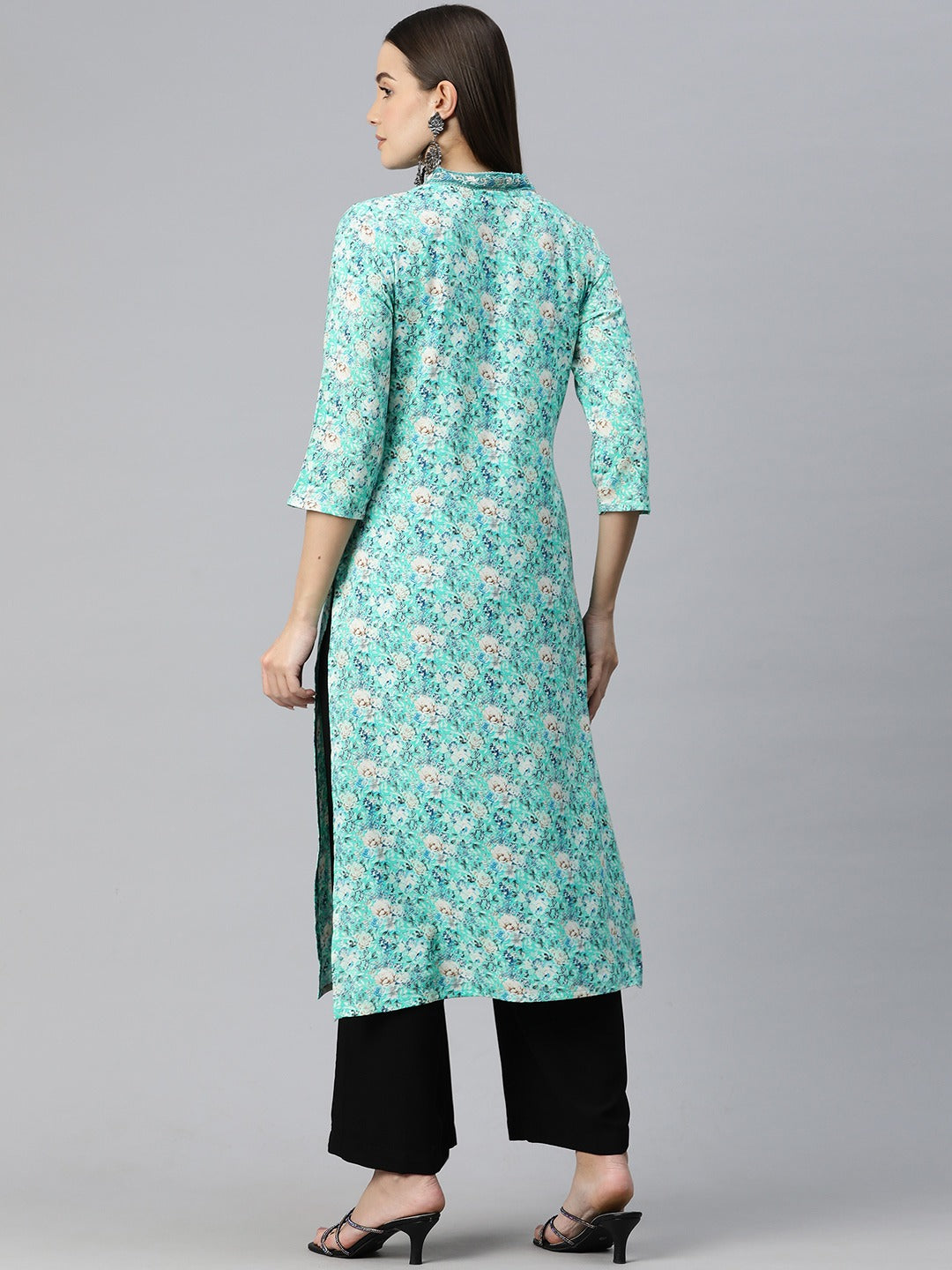 Straight Style Silk Fabric Turquoise Blue Color Kurti With Thread & Floral Printed Work