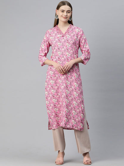 Straight Style Silk Fabric Pink Color Kurti With Thread & Floral Printed Work