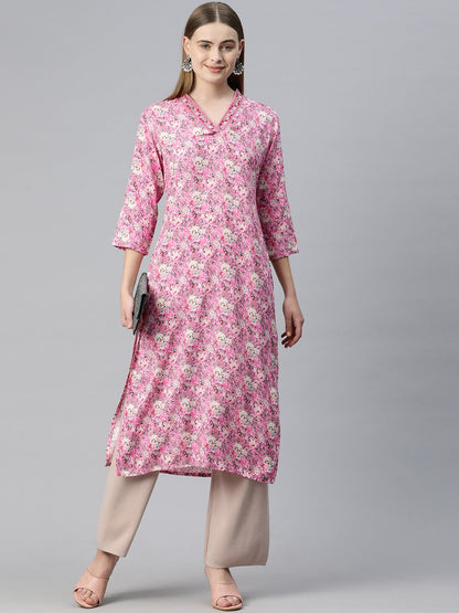 Straight Style Silk Fabric Pink Color Kurti With Thread & Floral Printed Work