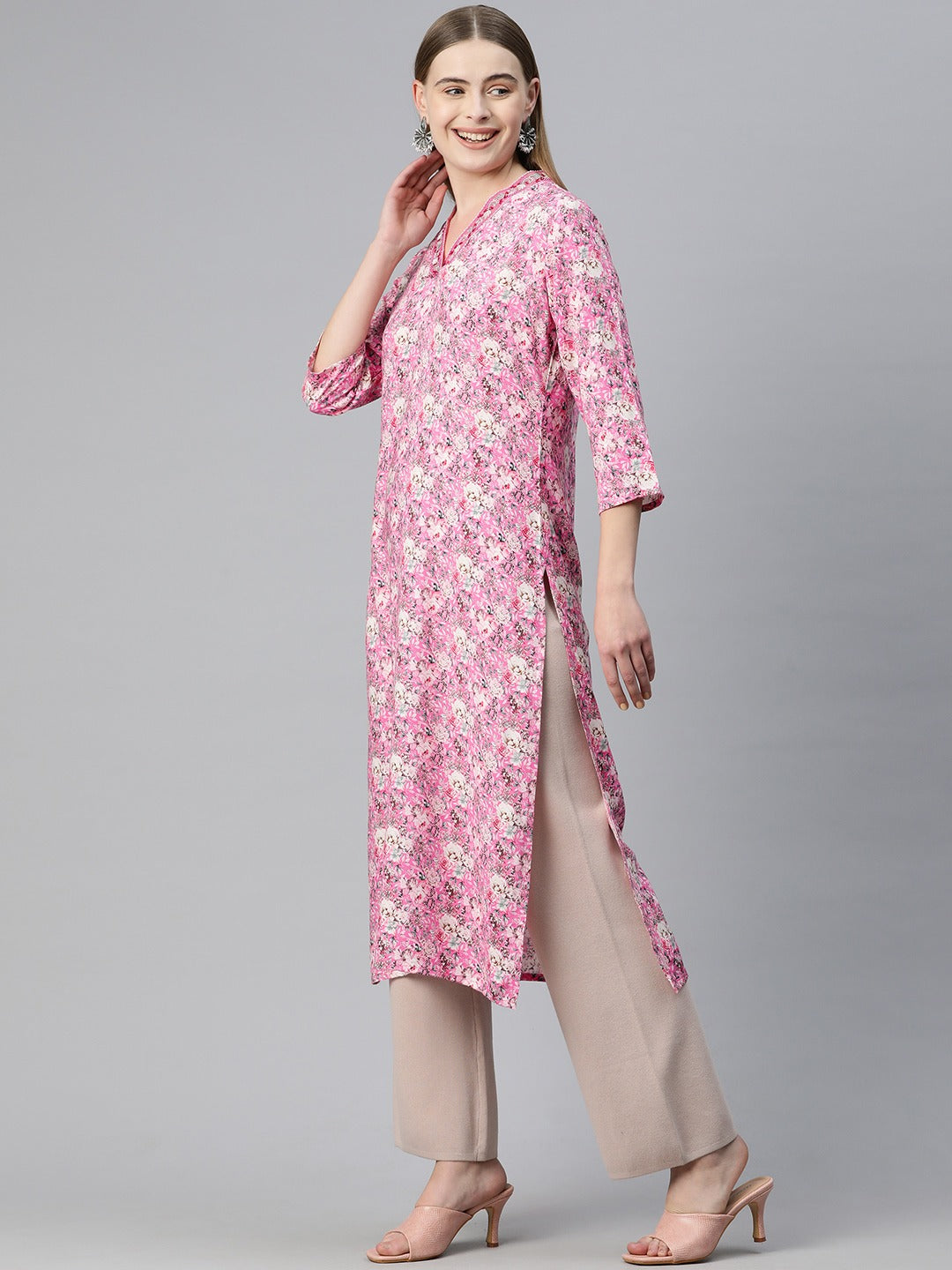 Straight Style Silk Fabric Pink Color Kurti With Thread & Floral Printed Work