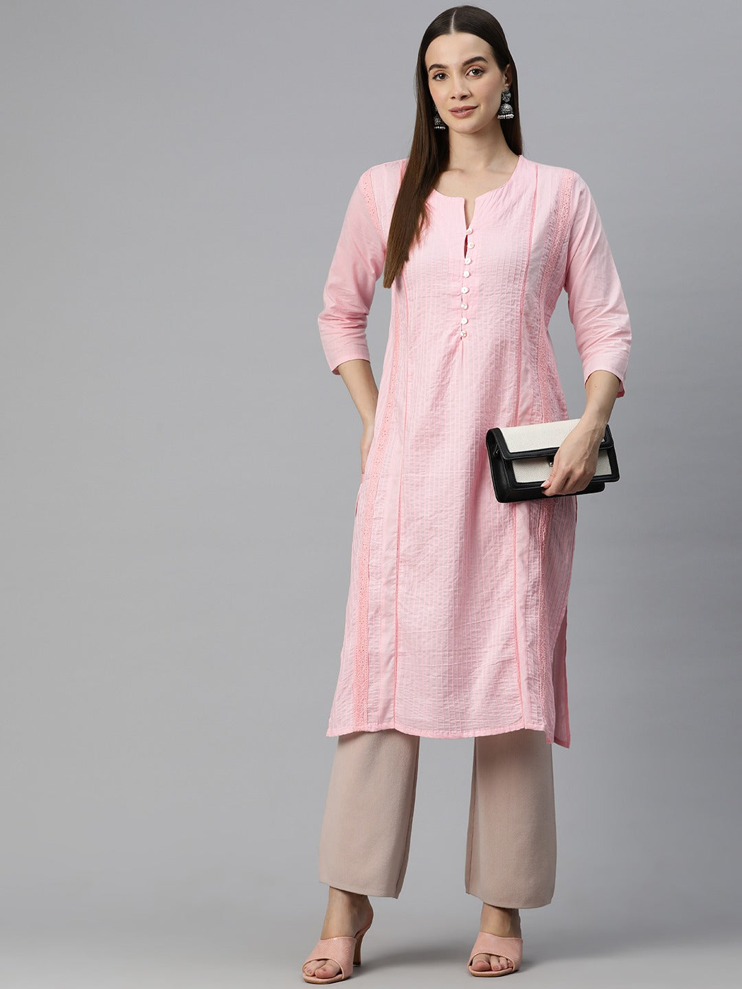 Straight Style Cotton Fabric Peach Color Kurti With Lace Work