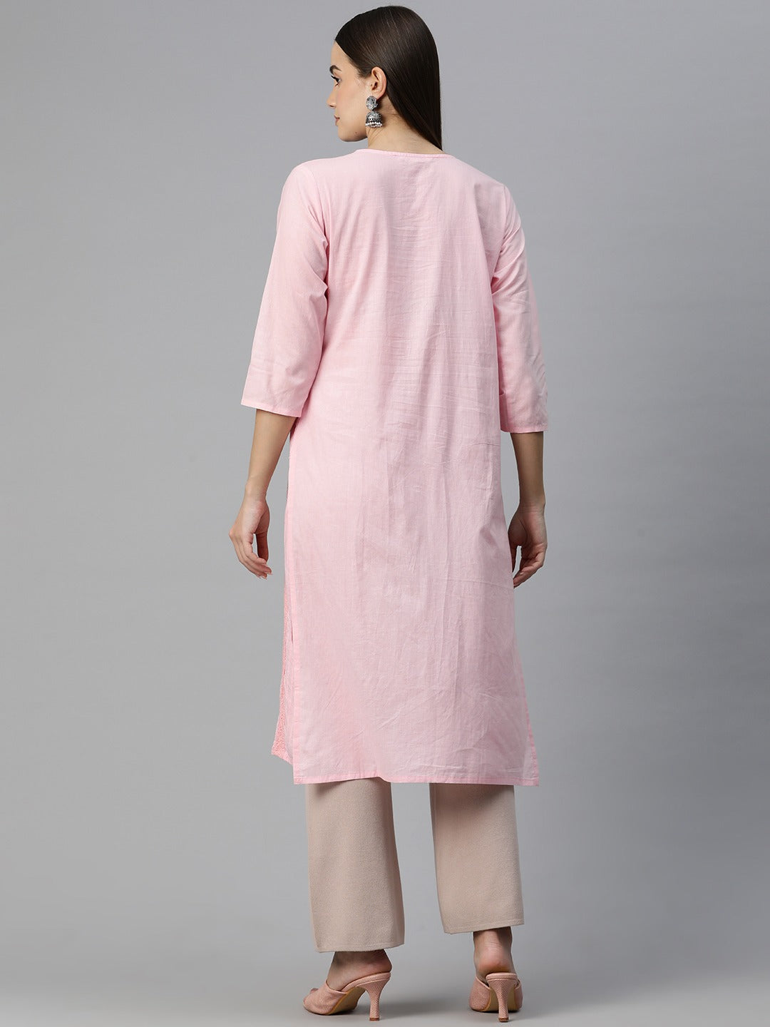 Straight Style Cotton Fabric Peach Color Kurti With Lace Work