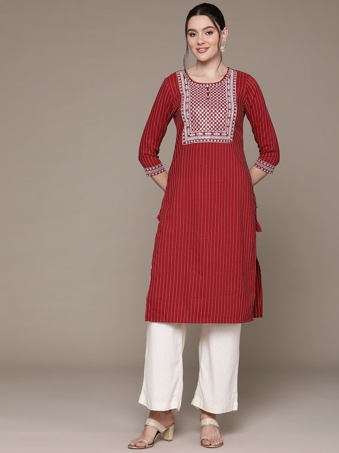 Straight Style Rayon Fabric Maroon Color Kurti With Sequence & Embroidered Work