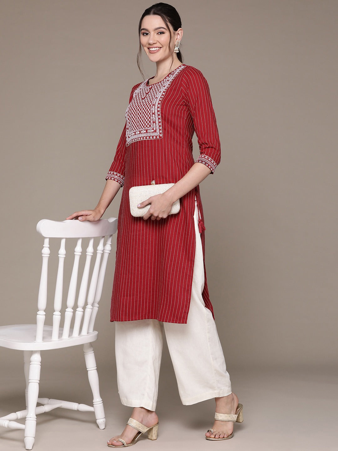 Straight Style Rayon Fabric Maroon Color Kurti With Sequence & Embroidered Work