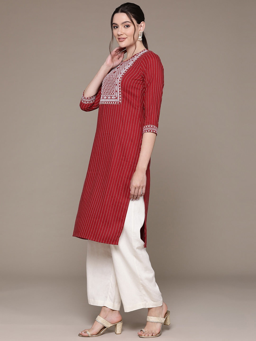 Straight Style Rayon Fabric Maroon Color Kurti With Sequence & Embroidered Work