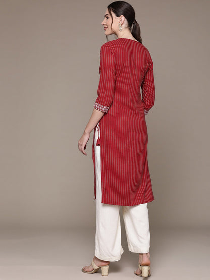 Straight Style Rayon Fabric Maroon Color Kurti With Sequence & Embroidered Work