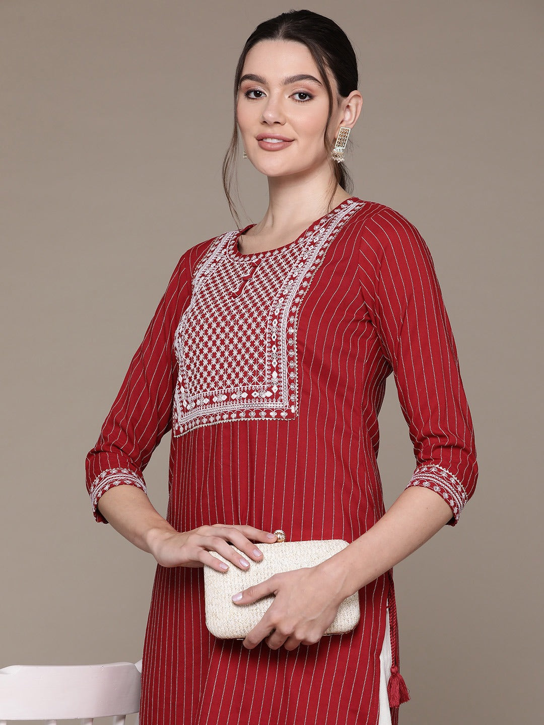 Straight Style Rayon Fabric Maroon Color Kurti With Sequence & Embroidered Work