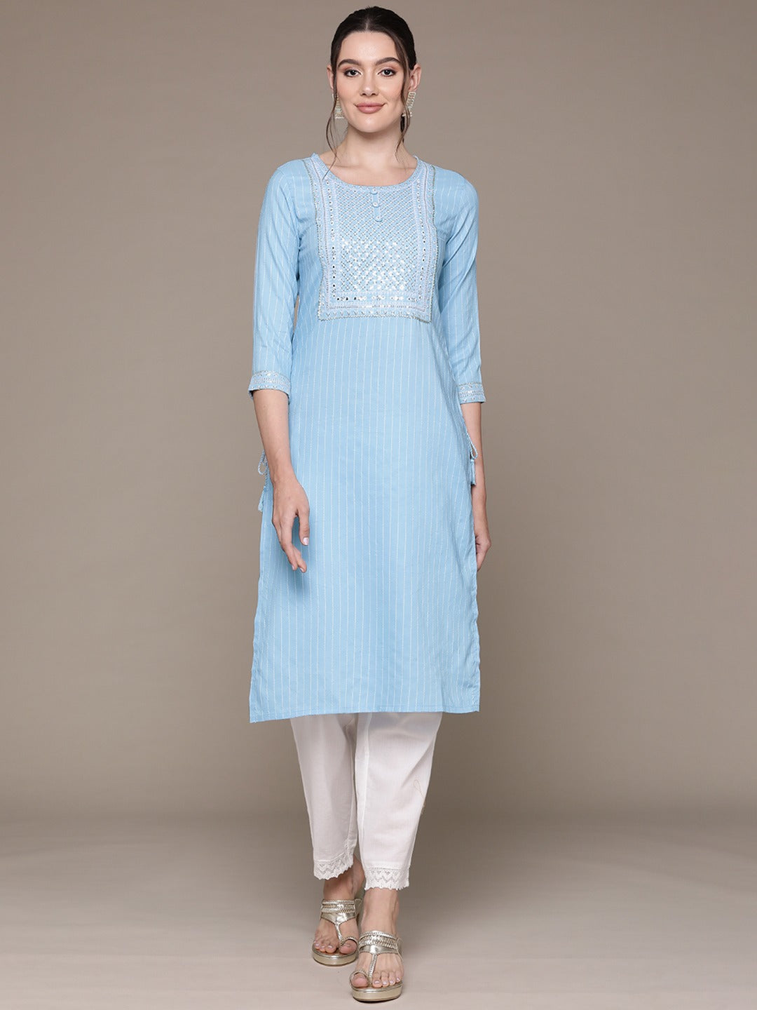 Straight Style Rayon Fabric Blue Color Kurti With Sequence & Embroidered Work