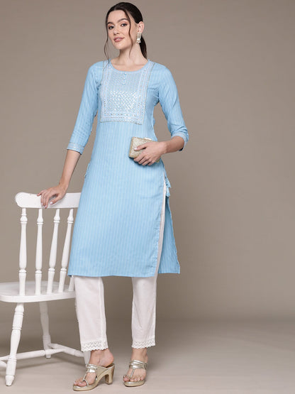 Straight Style Rayon Fabric Blue Color Kurti With Sequence & Embroidered Work