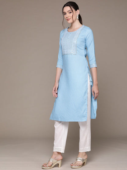 Straight Style Rayon Fabric Blue Color Kurti With Sequence & Embroidered Work