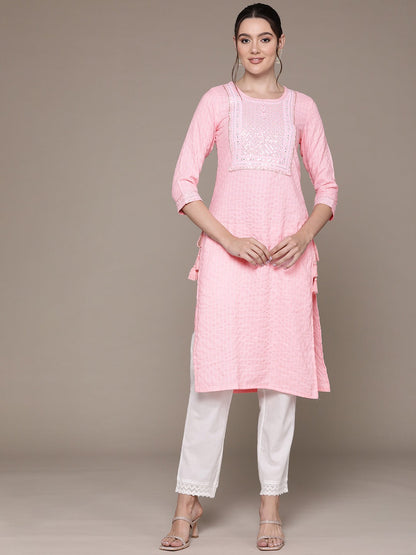 Straight Style Rayon Fabric Pink Color Kurti With Sequence & Embroidered Work