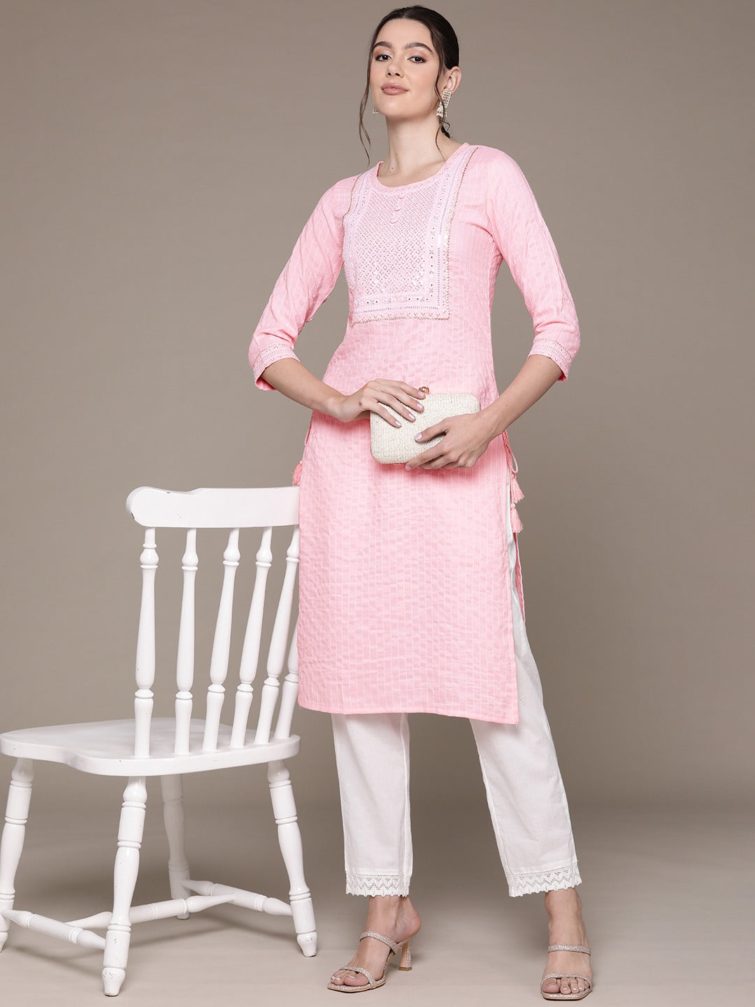 Straight Style Rayon Fabric Pink Color Kurti With Sequence & Embroidered Work