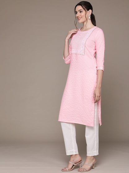 Straight Style Rayon Fabric Pink Color Kurti With Sequence & Embroidered Work